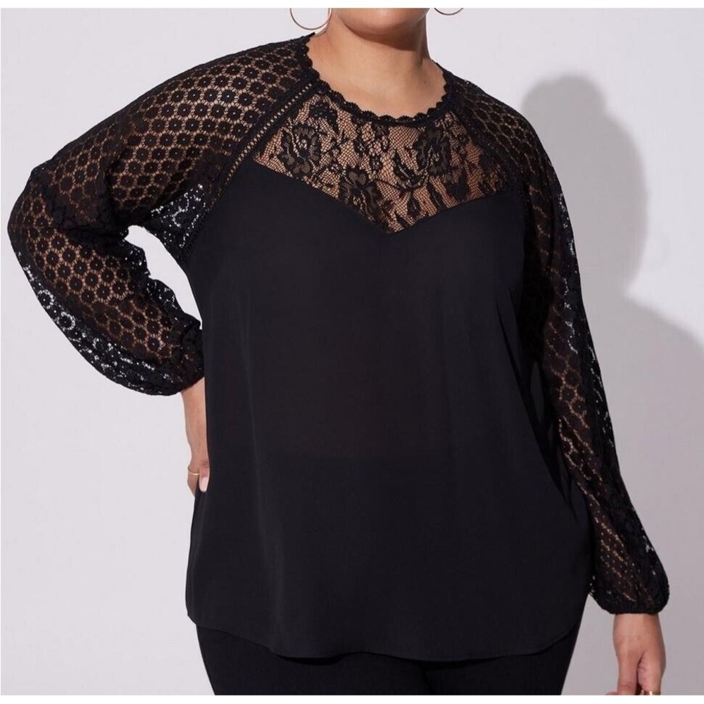 Torrid Deep Black Lace Yoke Long Sleeve Blouse Plus Size 1 1X 14‎ 16 Georgette
